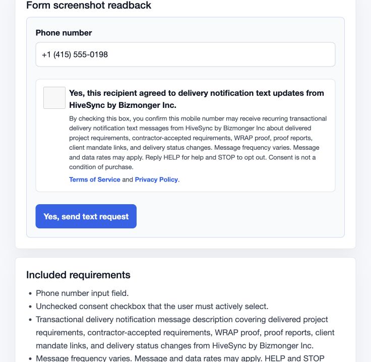 HiveSync SMS consent form with an unchecked checkbox and delivery notification disclosure