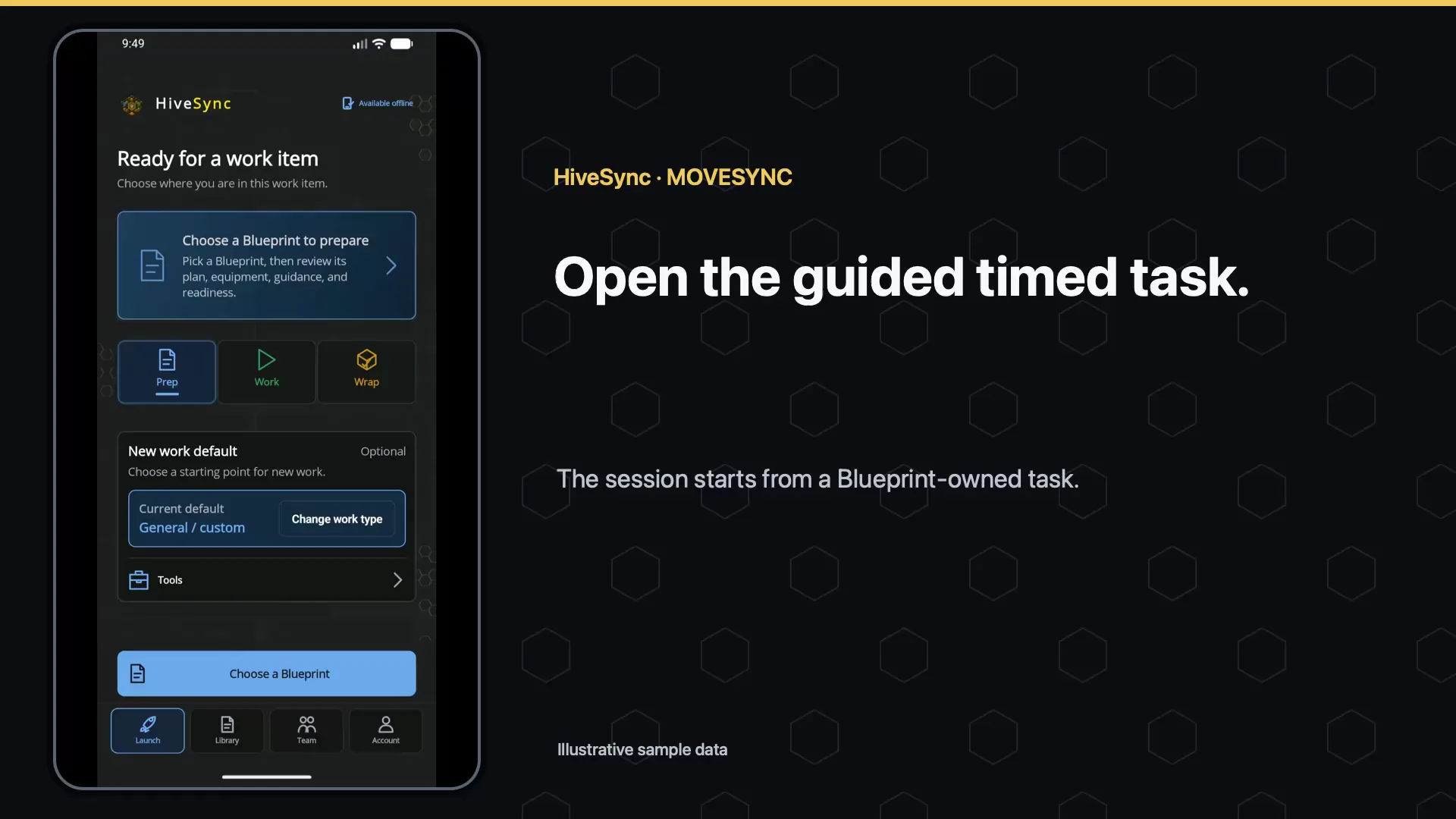 HiveSync mobile app chapter showing a guided timed mobility task move from countdown to active hold, pause and resume, rest, and the next set