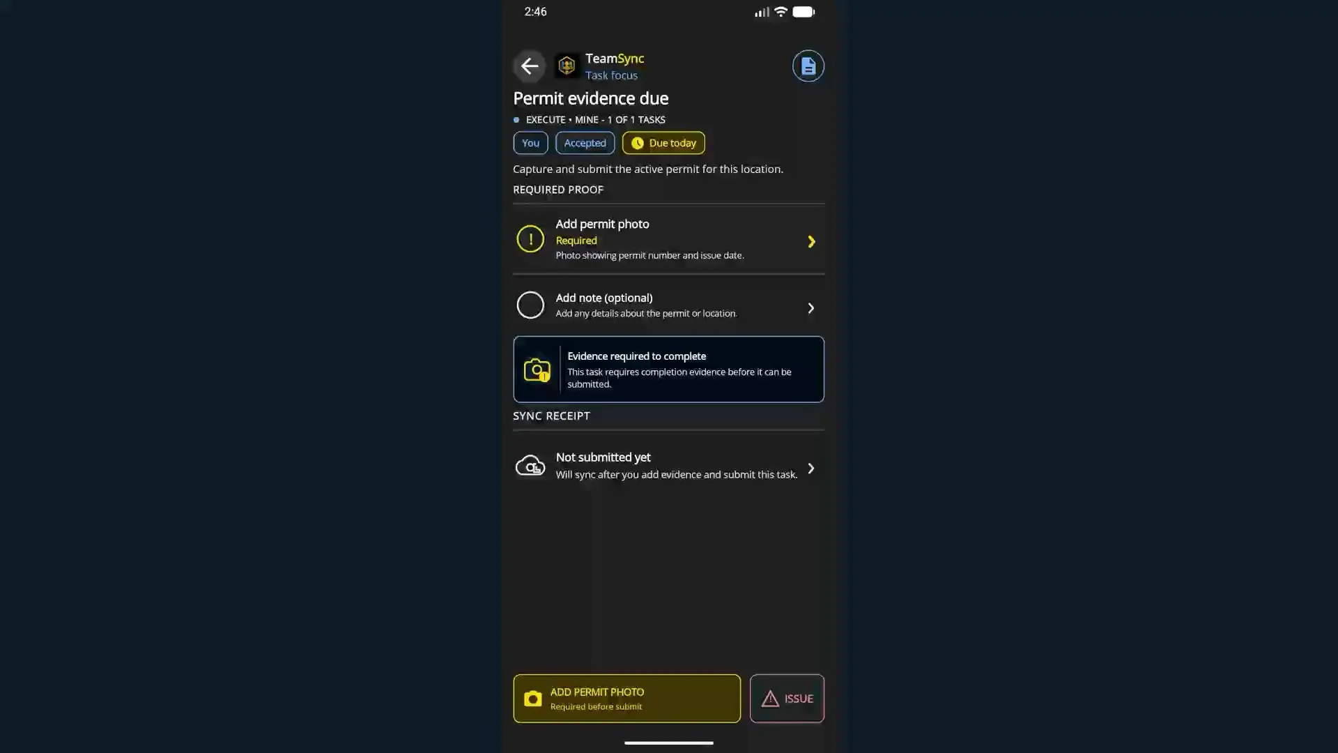 HiveSync mobile assigned-work journey showing required permit evidence, queued completion, and the matching Test-acknowledged Synced receipt with illustrative data