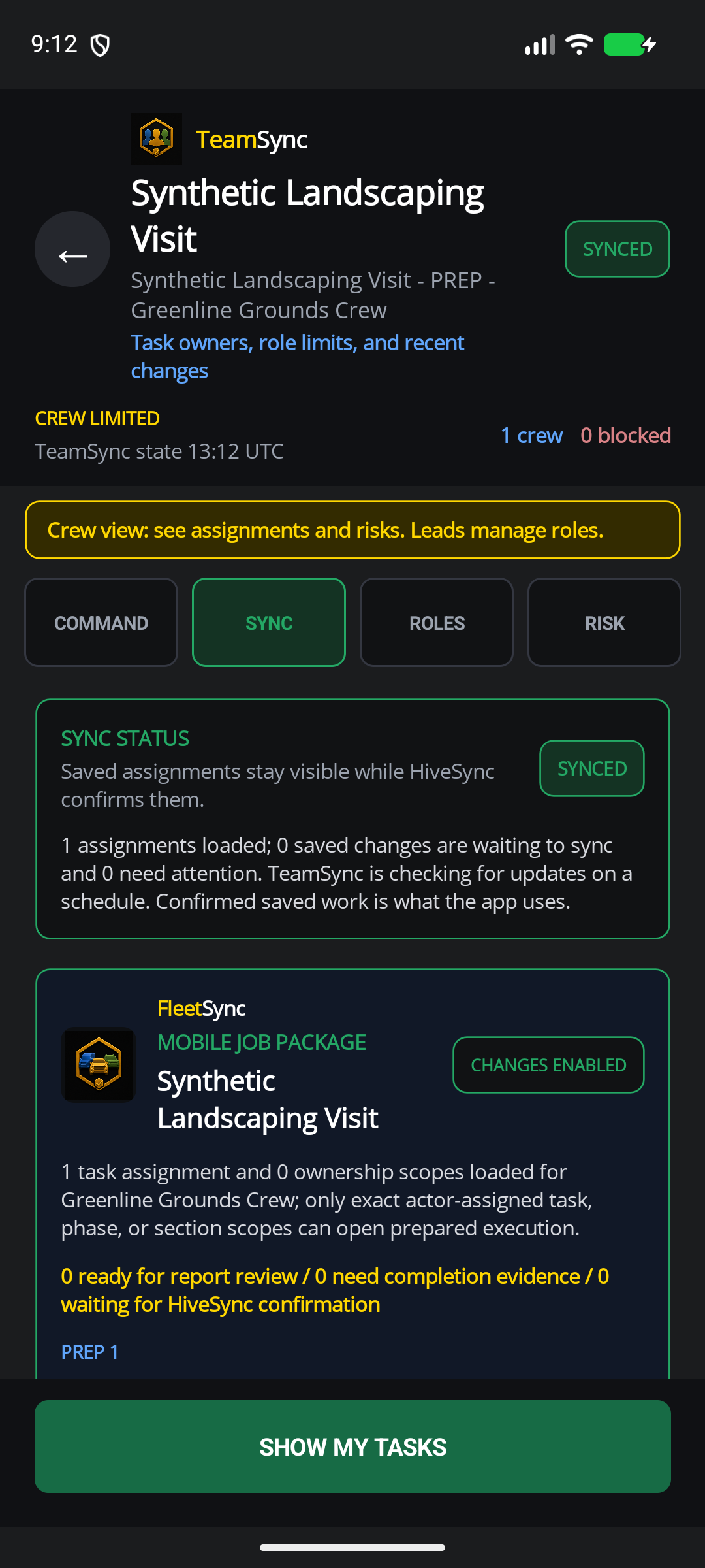 HiveSync mobile TeamSync screen showing a made-up landscaping crew, confirmed assignment, and property-access handoff