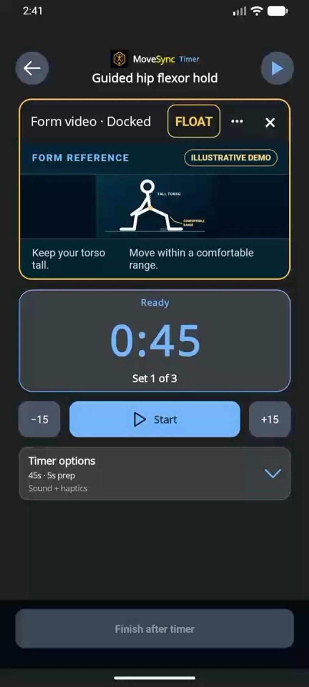 MoveSync guided mobility task moving an illustrative task-reference clip from docked to floating while the timer remains visible using illustrative demo data