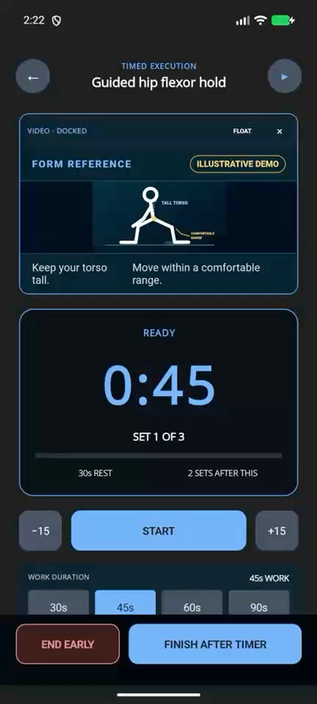 MoveSync guided mobility task moving an illustrative task-reference clip from docked to floating while the timer remains visible using illustrative demo data