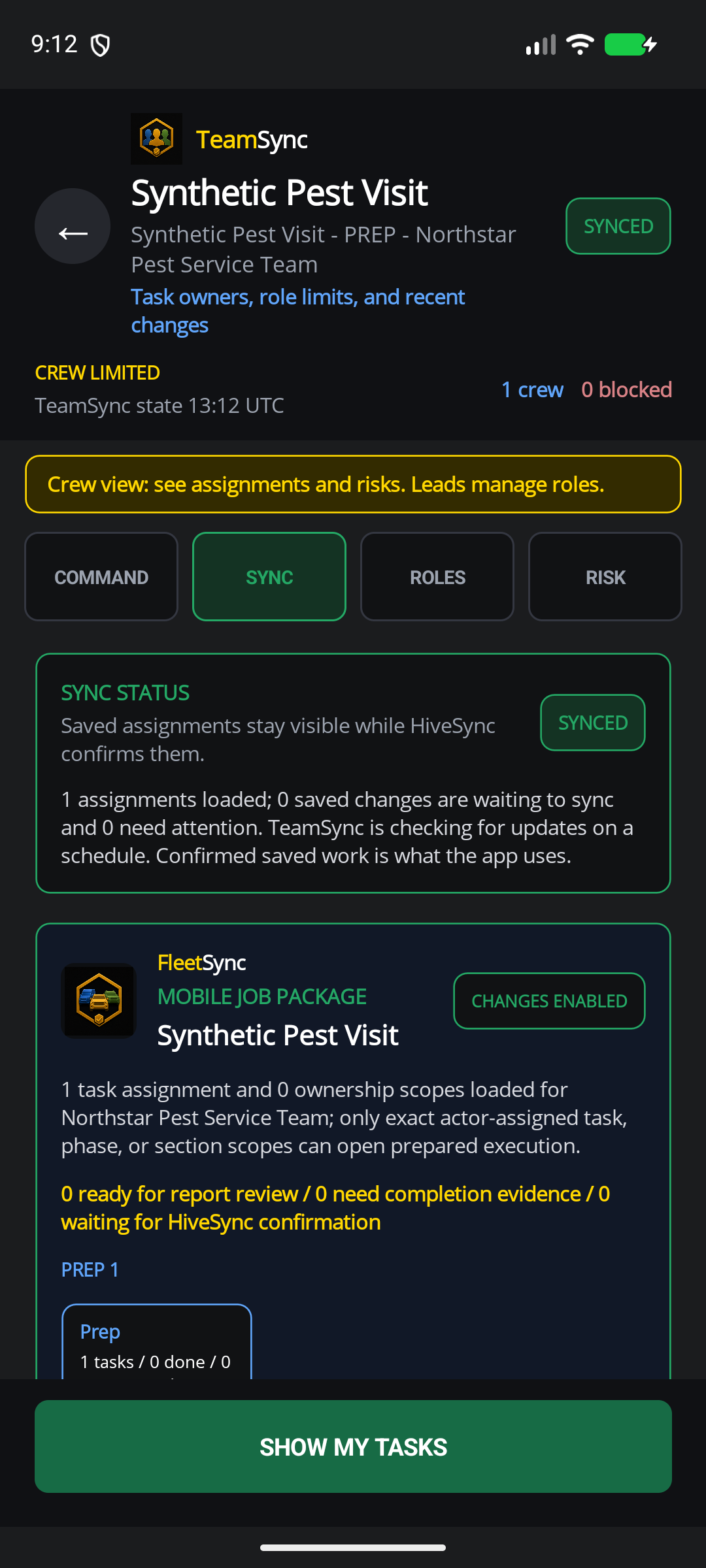 HiveSync mobile TeamSync screen showing a made-up pest-control team, limited crew access, a confirmed assignment, and a site-access handoff