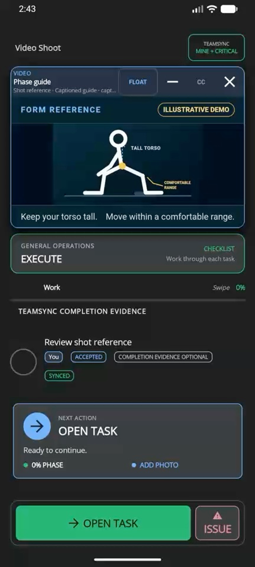 HiveSync mobile timed camera-production task moving an approved reference video from docked to floating in-app while the timer remains visible with illustrative demo data