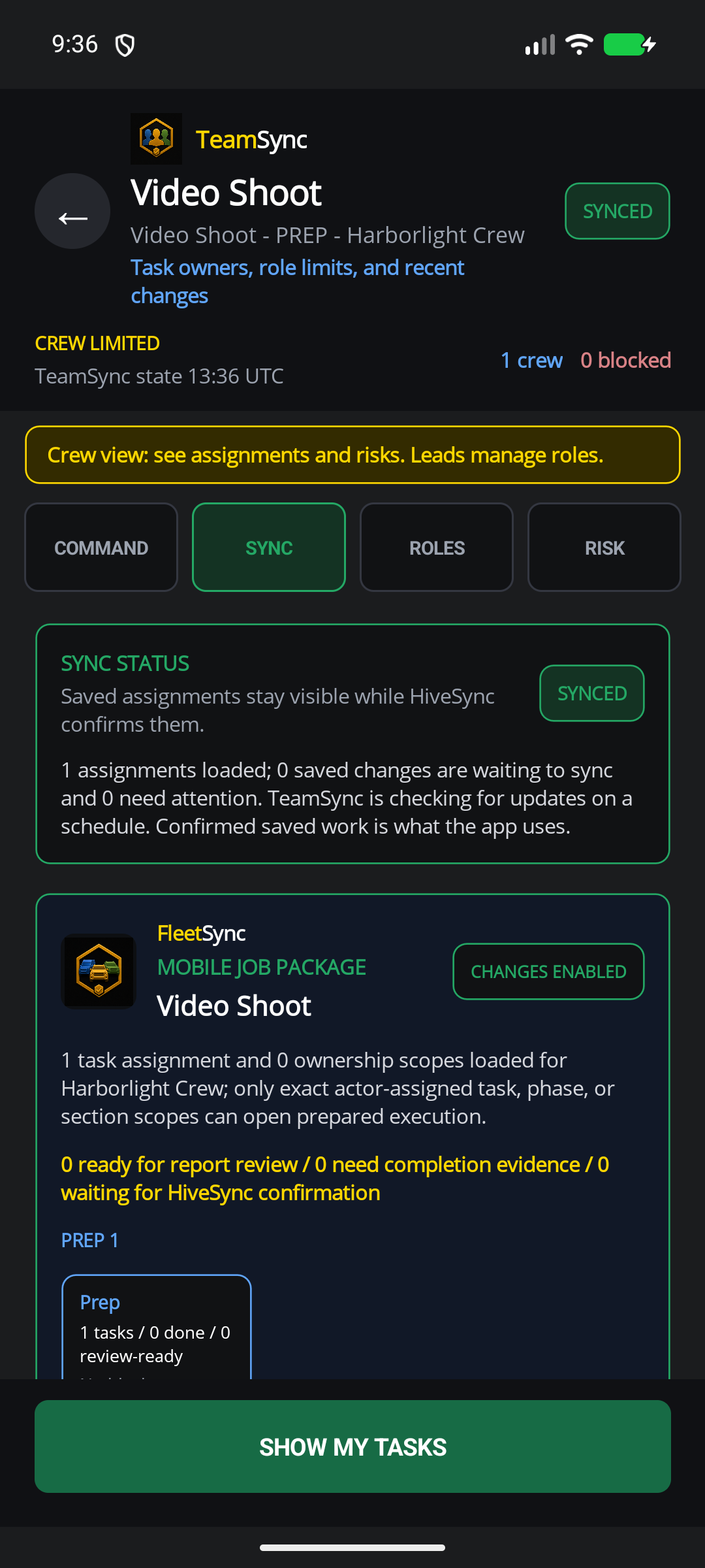 HiveSync mobile TeamSync screen opening a made-up video-shoot assignment for the Harborlight production crew with a confirmed handoff