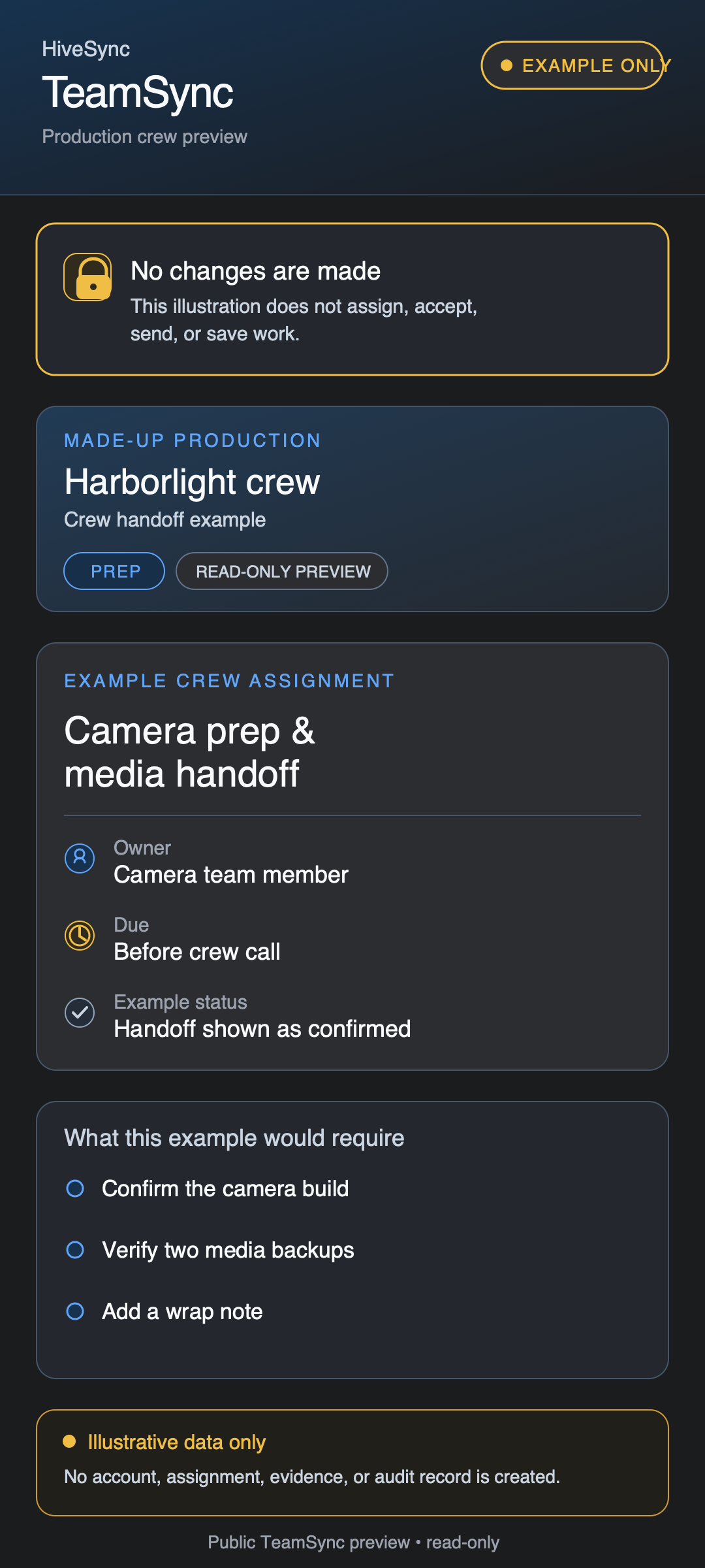 Illustrative TeamSync production-crew assignment marked example only; this page does not assign, accept, or save work