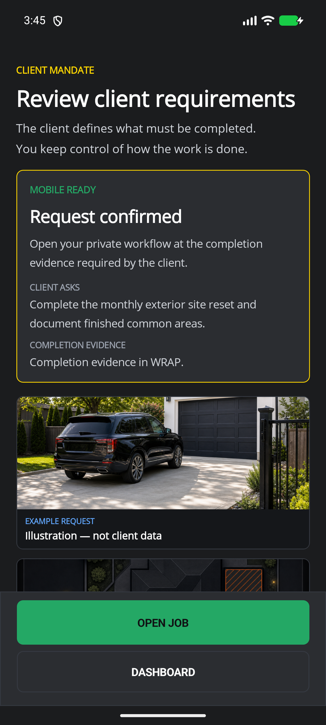 HiveSync mobile client request showing the approved work, limits, finish rules, and field handoff with illustrative demo data