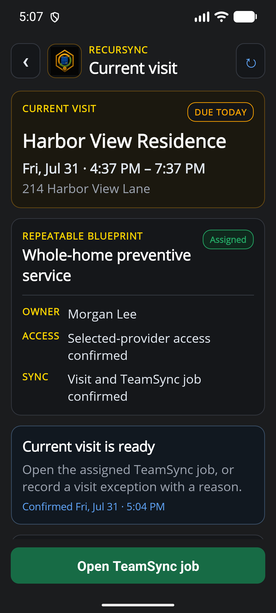 HiveSync mobile RecurSync screen showing the current visit and assigned owner with illustrative demo data