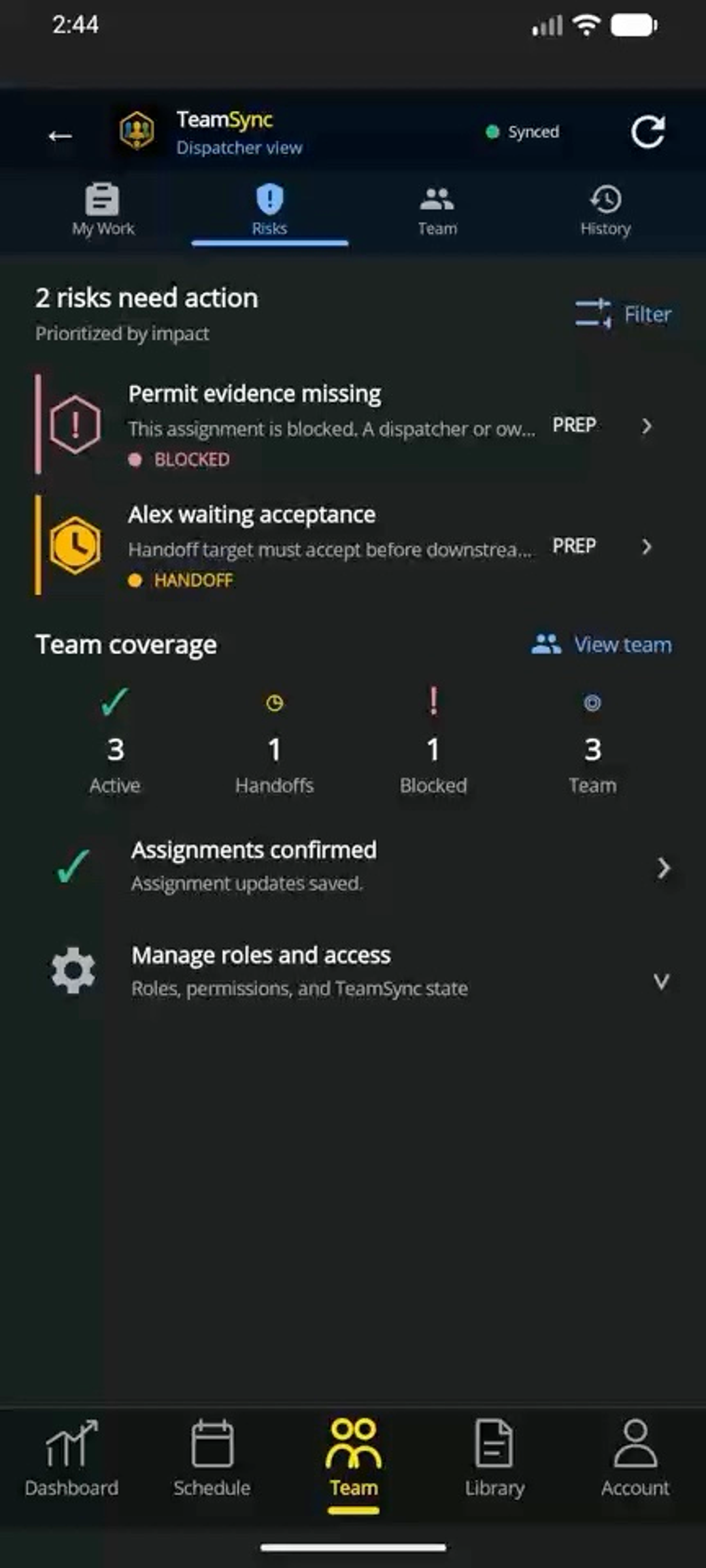 HiveSync mobile TeamSync Risk view opening Permit evidence missing to the exact task, accountable owner, evidence blocker, and safe next action with illustrative data