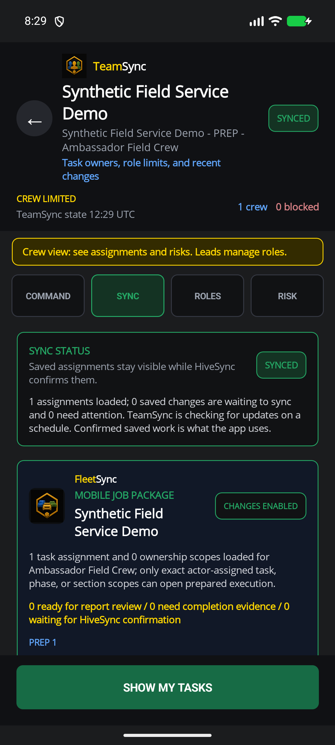 HiveSync mobile TeamSync demo showing a made-up ambassador crew, confirmed assignment, and task handoff with illustrative demo data