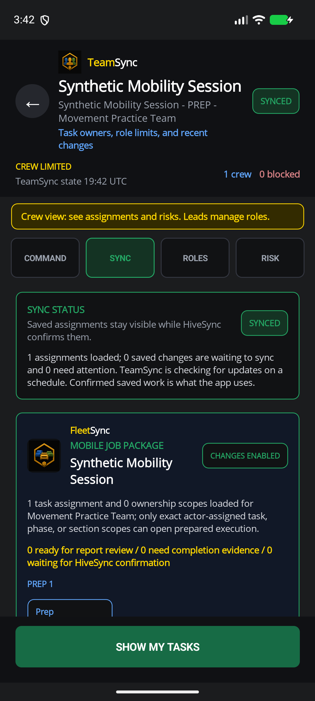 HiveSync mobile TeamSync made-up mobility-session handoff showing the Movement Practice Team, limited crew access, a confirmed assignment, and a Show my tasks action