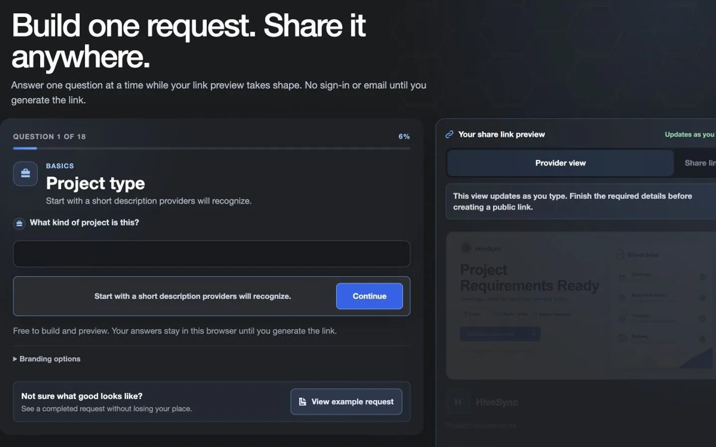Example HiveSync client requirements workspace