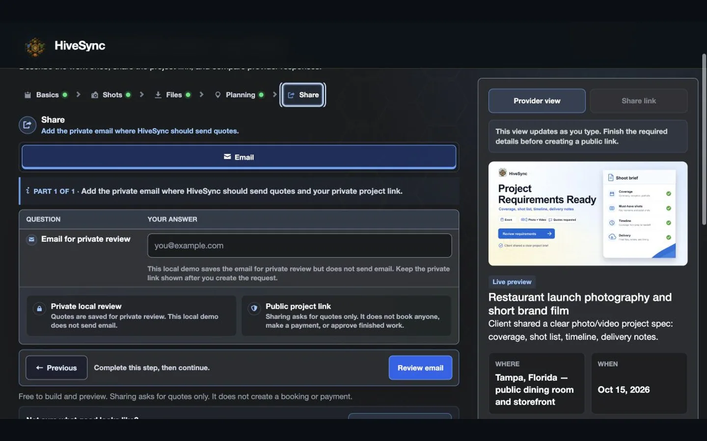 Example HiveSync client request preview