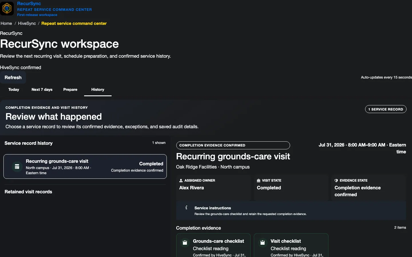 HiveSync RecurSync history showing a reviewed recurring grounds-care visit with confirmed checklist evidence and illustrative sample data