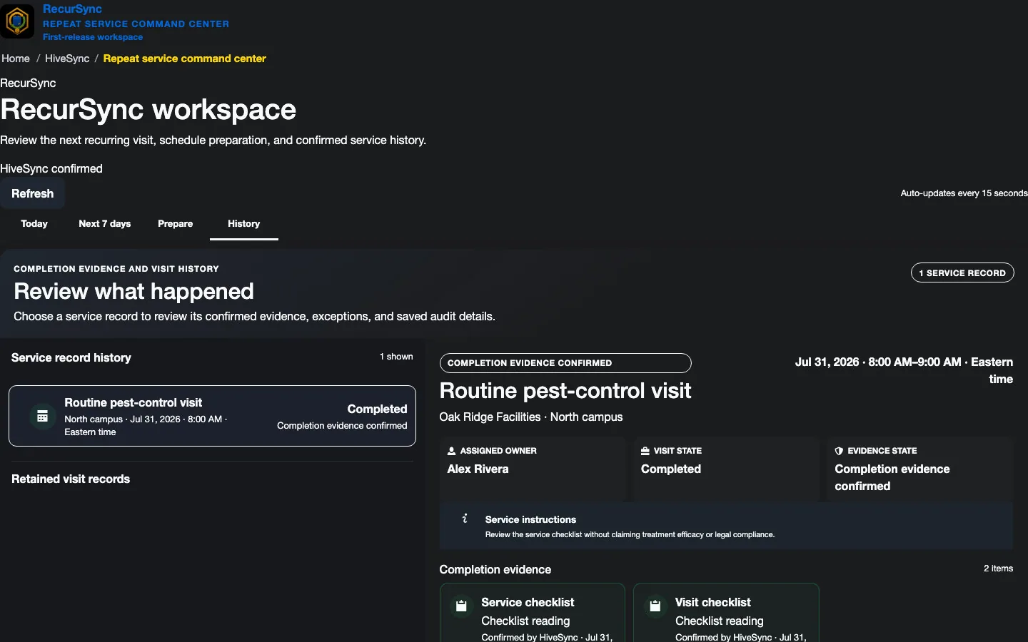 HiveSync RecurSync history showing a reviewed routine pest-control visit with confirmed service evidence and illustrative sample data