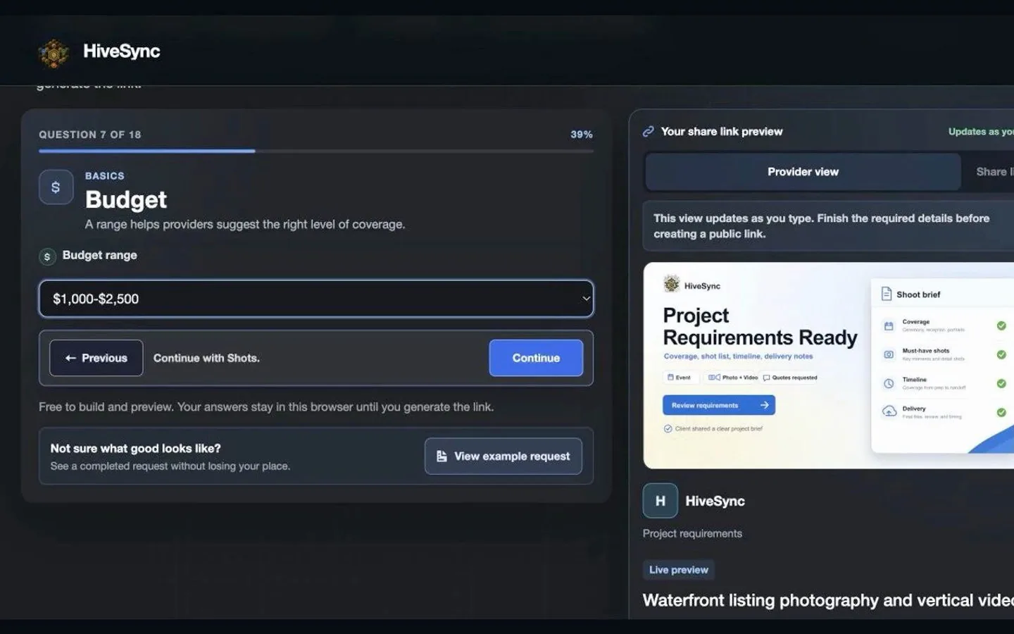 Example HiveSync listing requirements workspace