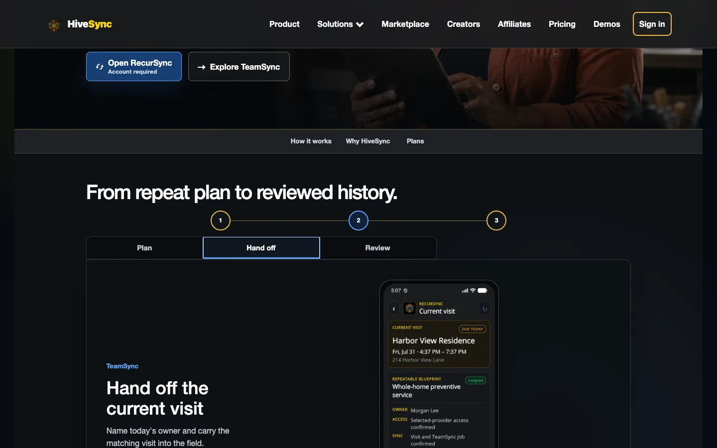 HiveSync web RecurSync view showing a confirmed repeat visit and assigned work with illustrative demo data