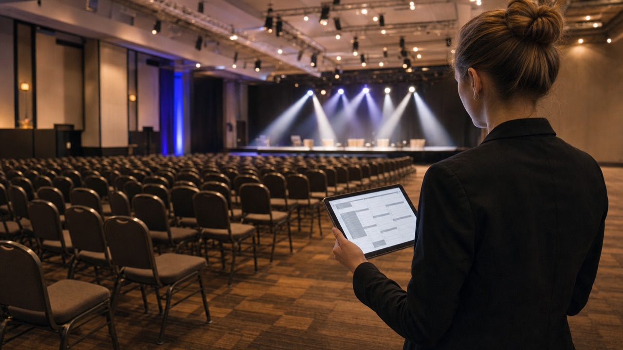 Illustrative event coordinator reviewing a run of show before doors open