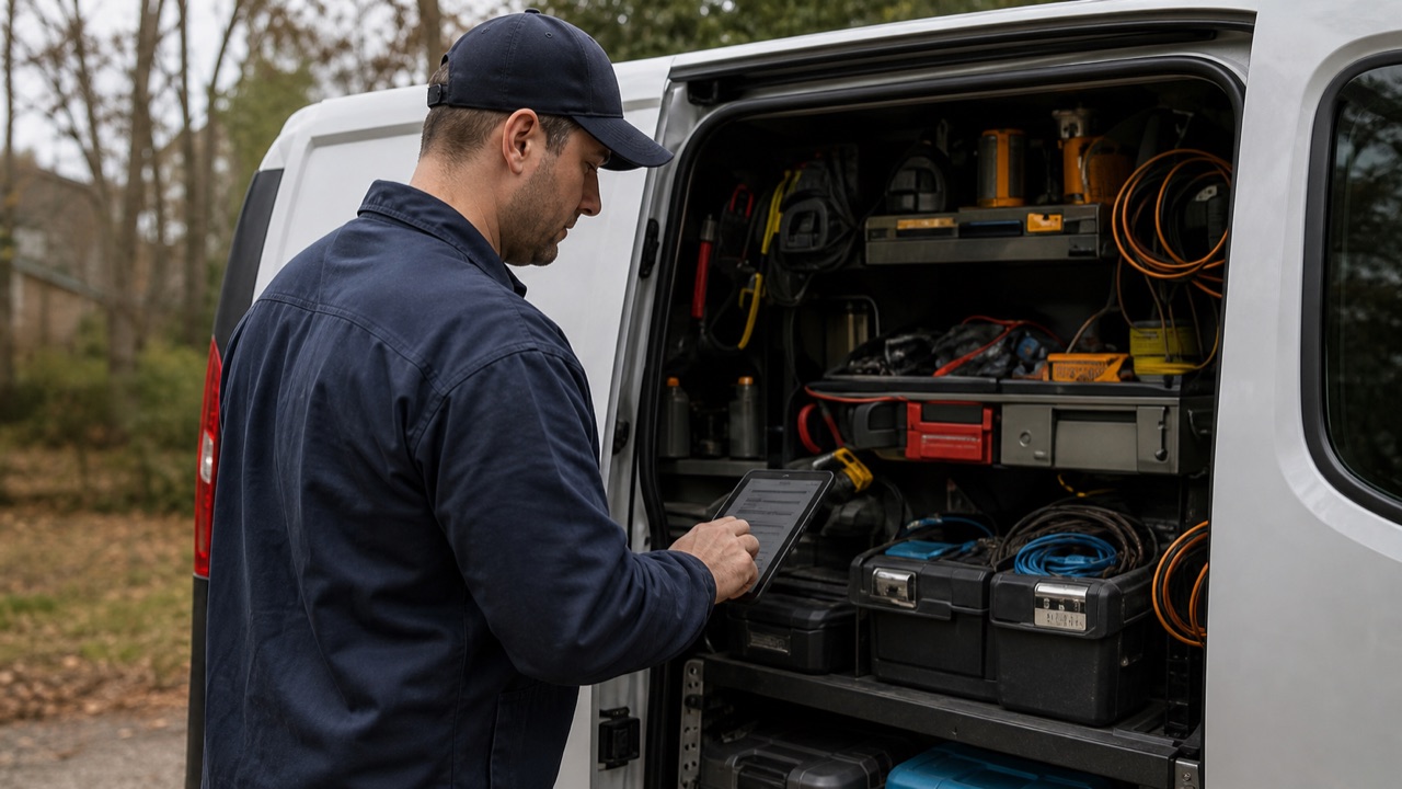 Illustrative field-service professional checking a tablet beside an organized work van