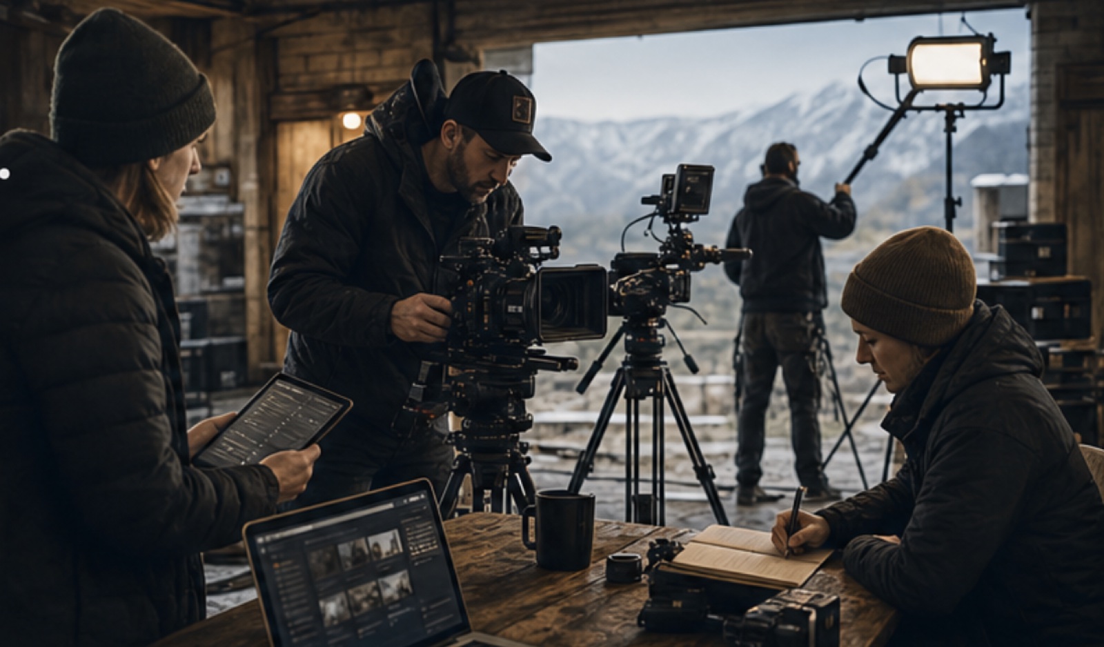 Illustrative film crew preparing cameras, lighting, and production notes on location