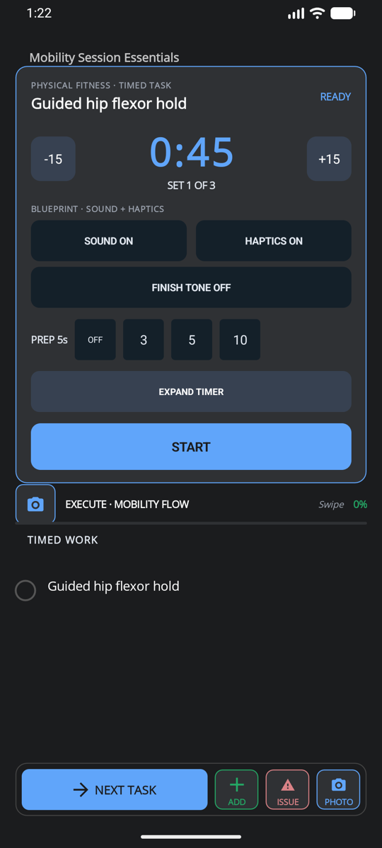Real HiveSync DO screen showing a focused timed task with sound, haptics, evidence, and the next action.