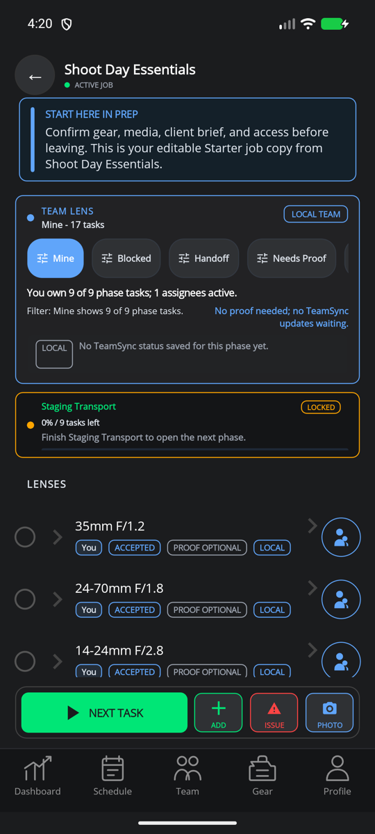 Real HiveSync PREP screen for Shoot Day Essentials with task ownership, offline status, and gear checks.