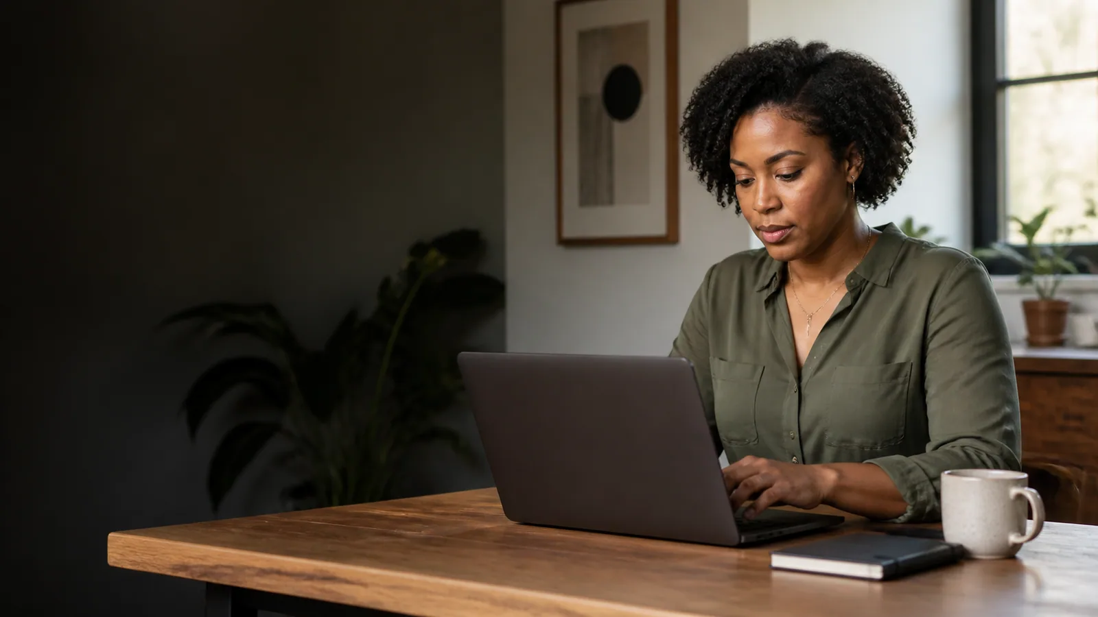 Client preparing a project brief on a laptop in a home office.