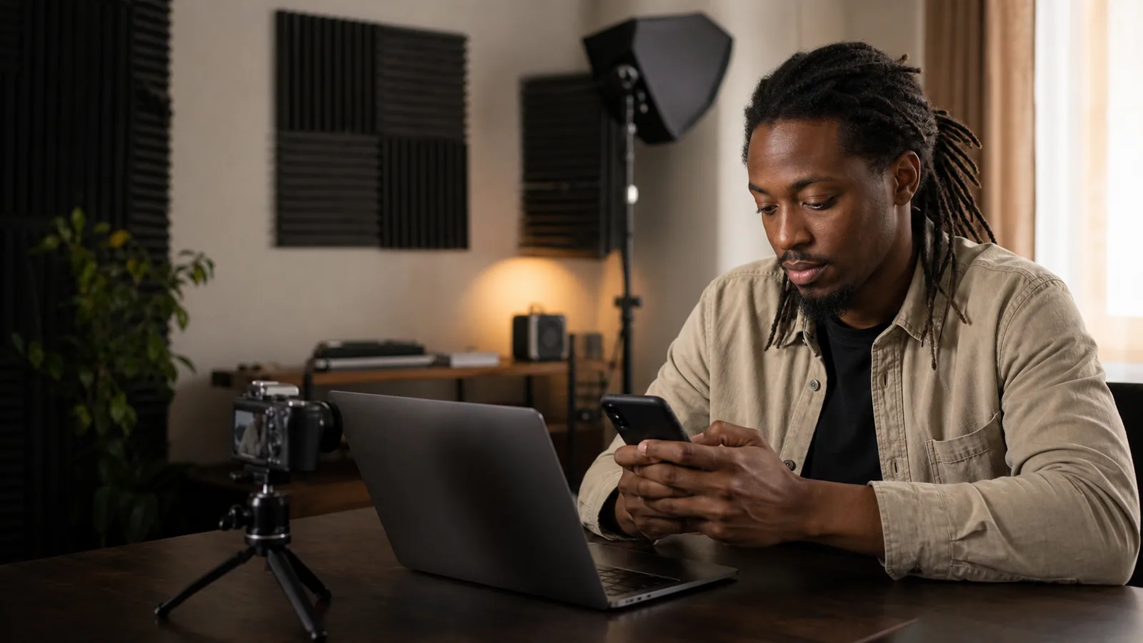 Affiliate reviewing an approved Blueprint link beside a laptop in a home studio.