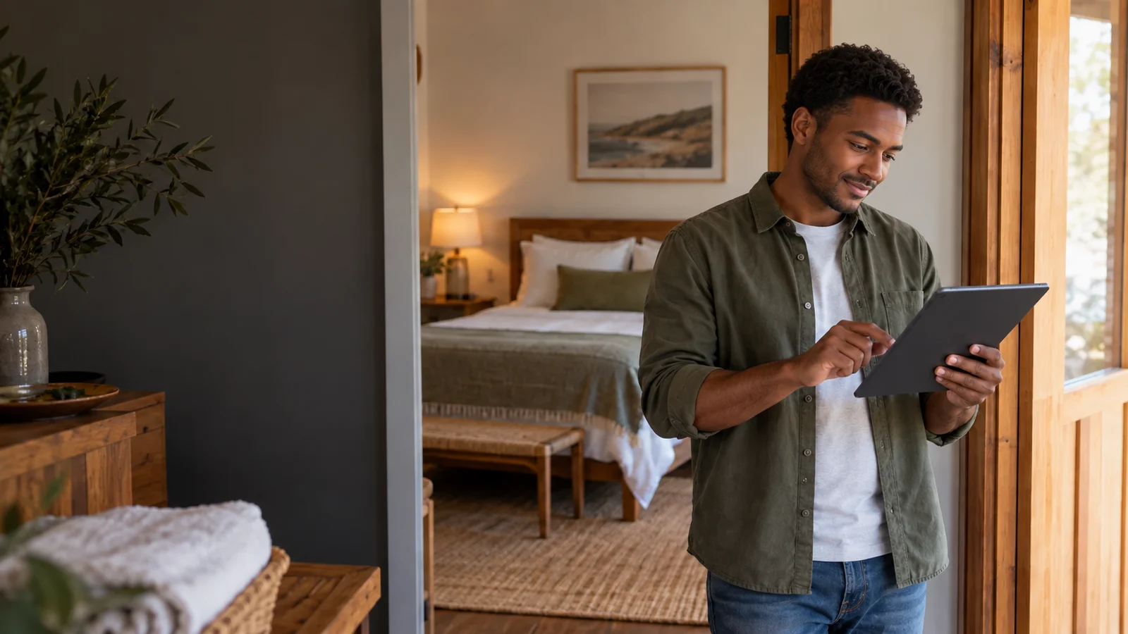 Short-term rental host reviewing a tablet beside a guest-bedroom doorway.