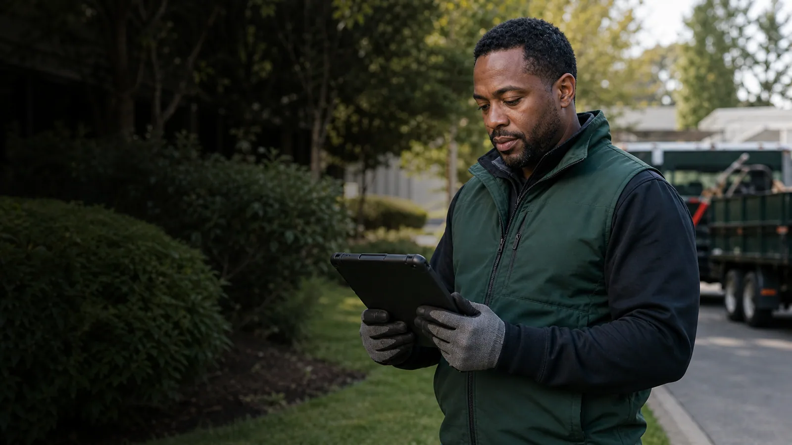 Landscaping crew lead reviewing a property service plan on a tablet outdoors.