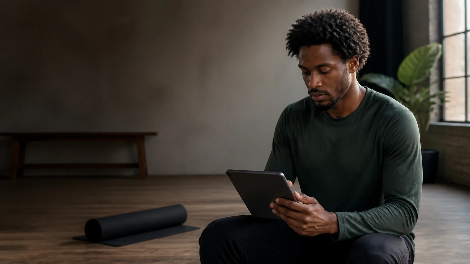 Movement practitioner reviewing a timed movement plan on a tablet in a studio.