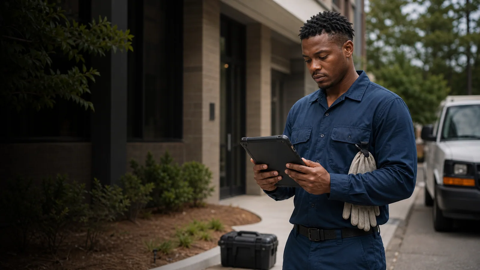Pest-control technician reviewing a repeat service plan on a tablet outside a property.