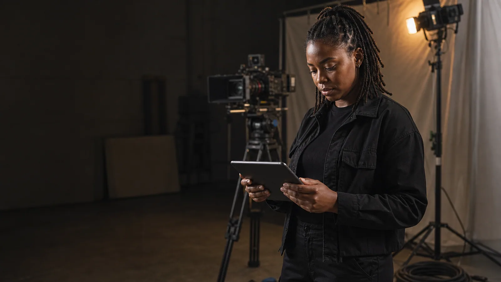 Production crew lead reviewing a shoot-day plan on a tablet beside camera equipment.
