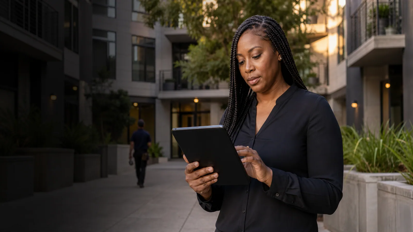 Property manager reviewing a recurring visit on a tablet at a condominium property.