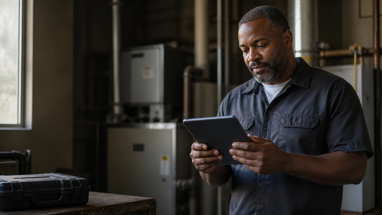Service provider reviewing a work quote on a tablet in a facilities service area.