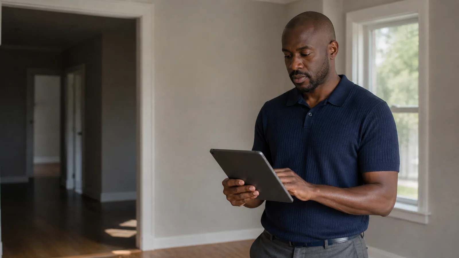 Real-estate agent reviewing listing-media requirements on a tablet inside a home.