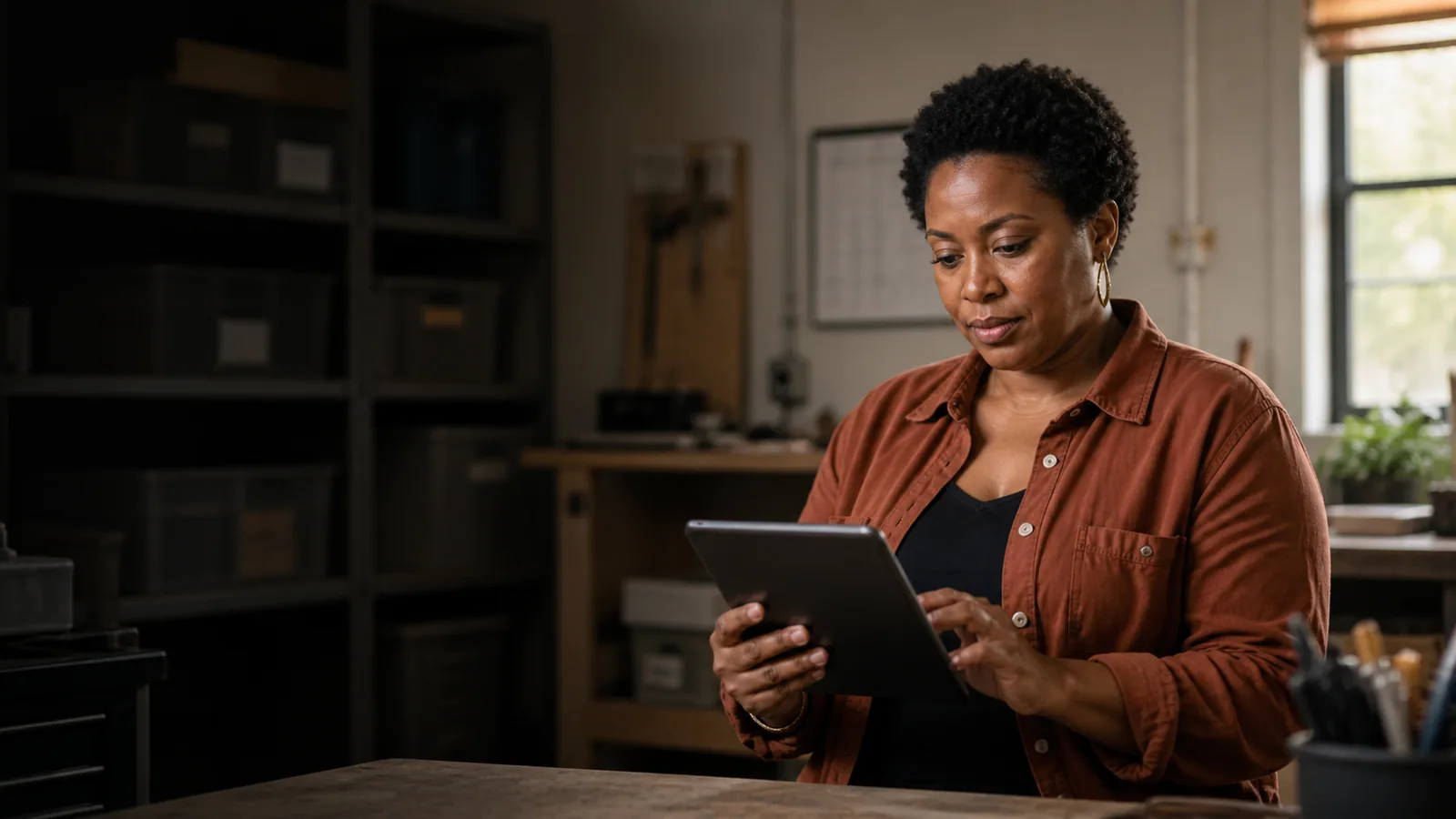 Recurring-service business owner reviewing scheduled visits on a tablet in a workshop.