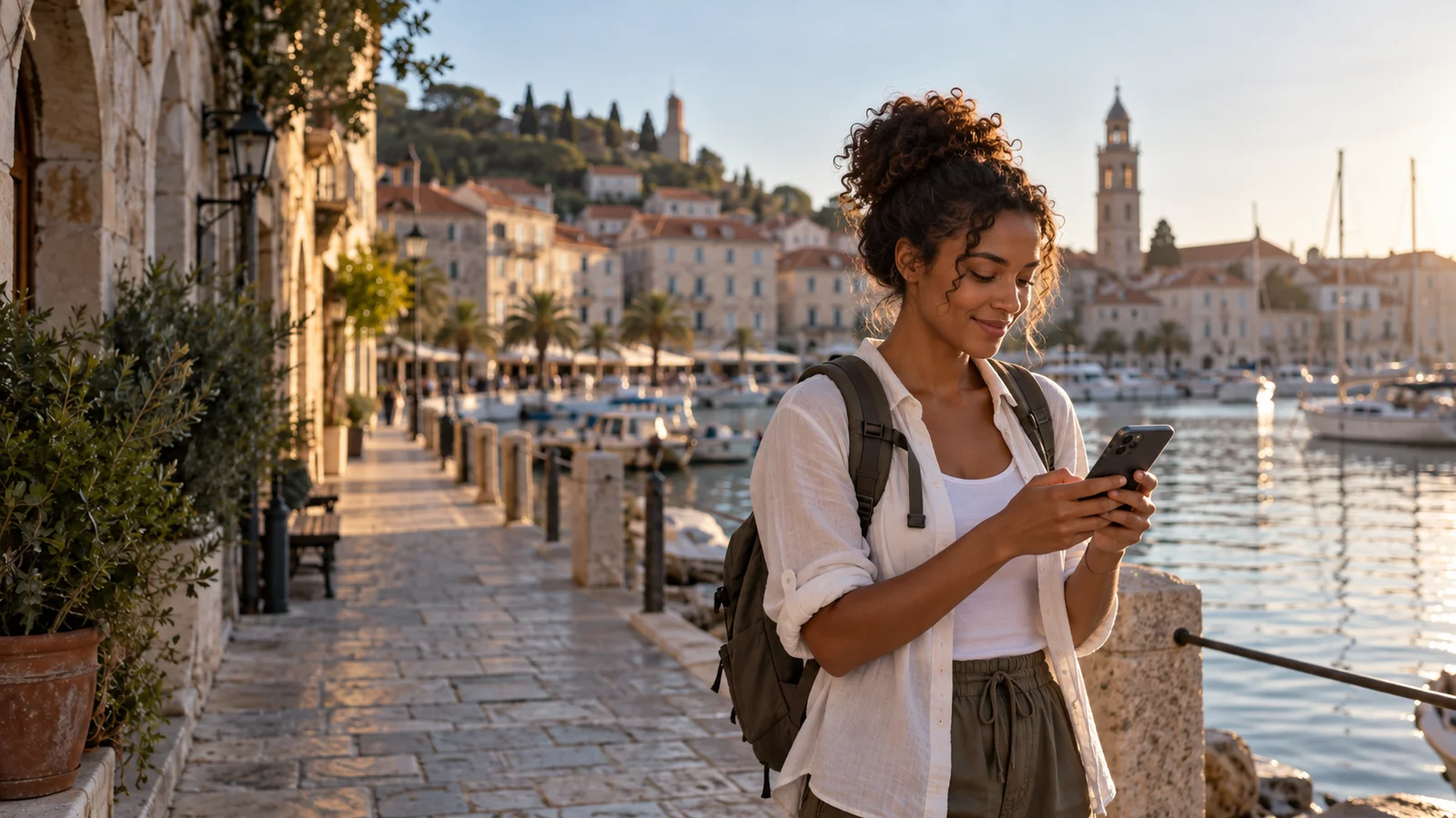 Traveler checking a phone guide on a pedestrian waterfront promenade.